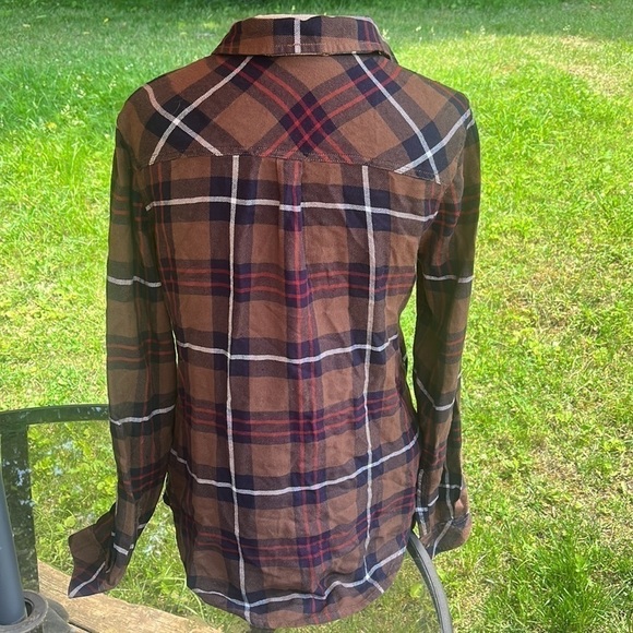 Beach lunch lounge plaid button down, brown blue white red, women’s size XS - Picture 6 of 8